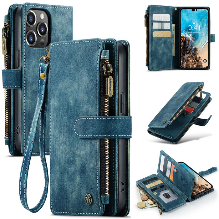 CaseMe iPhone 14 Pro Max Zipper Wallet Case with Wrist Strap Blue