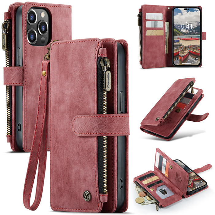 CaseMe iPhone 14 Pro Max Zipper Wallet Case with Wrist Strap Red