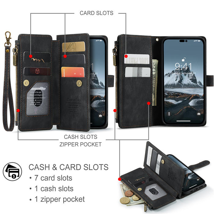 CaseMe iPhone 14 Pro Max Wallet Magnetic Case with Wrist Strap Black