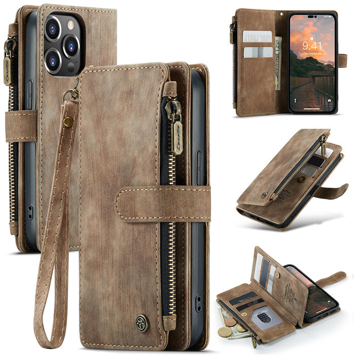 CaseMe iPhone 14 Pro Zipper Wallet Case with Wrist Strap Coffee