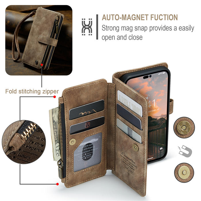 CaseMe iPhone 14 Pro Max Wallet Magnetic Case with Wrist Strap Coffee