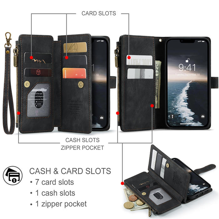 CaseMe iPhone 14 Wallet Magnetic Case with Wrist Strap Black