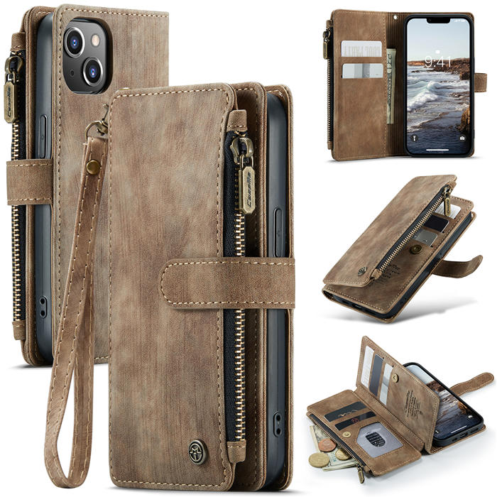 CaseMe iPhone 14 Zipper Wallet Case with Wrist Strap Coffee