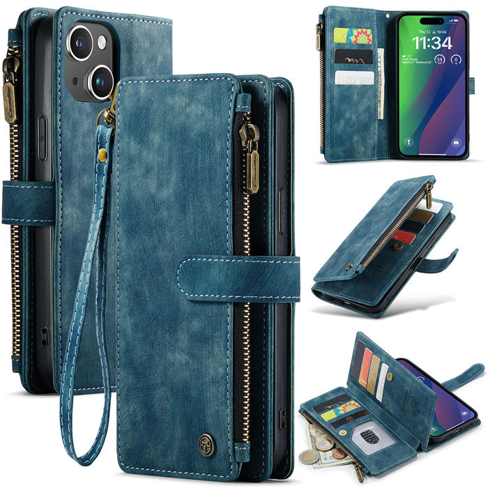 CaseMe iPhone 15 Plus Wallet kickstand Case with Wrist Strap Blue - Click Image to Close