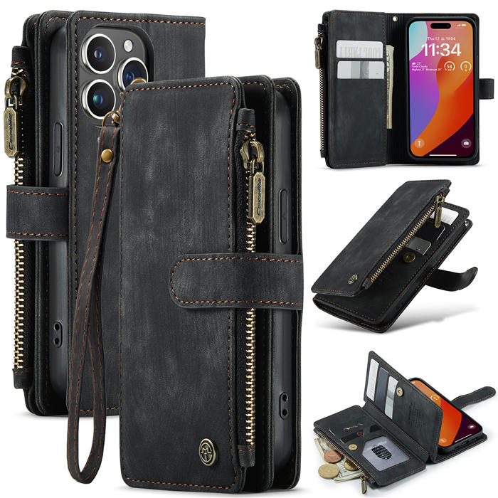 CaseMe iPhone 15 Pro Wallet kickstand Case with Wrist Strap Black