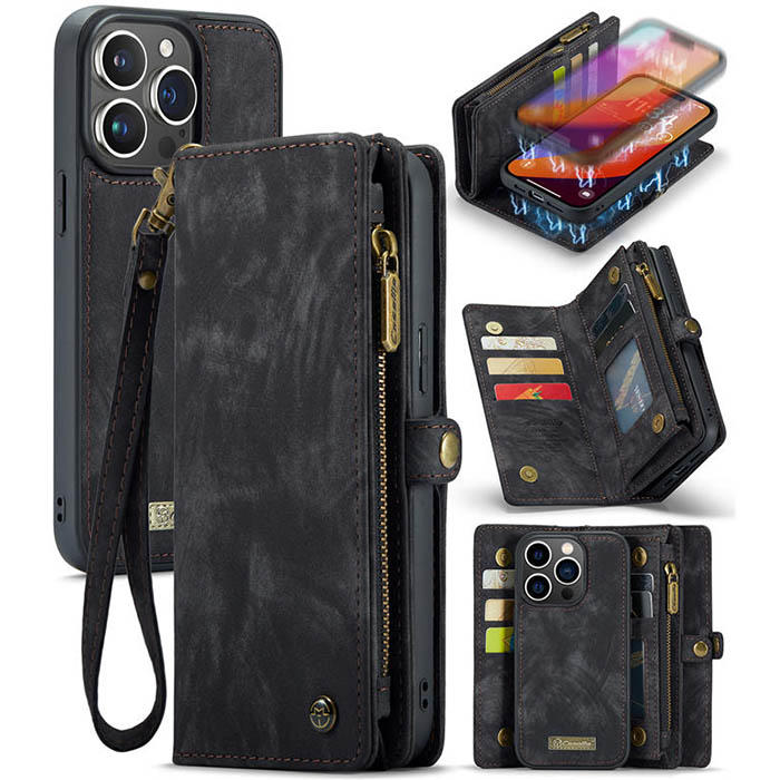 CaseMe iPhone 15 Pro Max Wallet Case with Wrist Strap Black