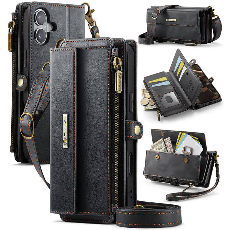 CaseMe iPhone 16 Wallet Case – RFID Blocking Crossbody Bag with 9 Card Slots & Wireless Charging Black