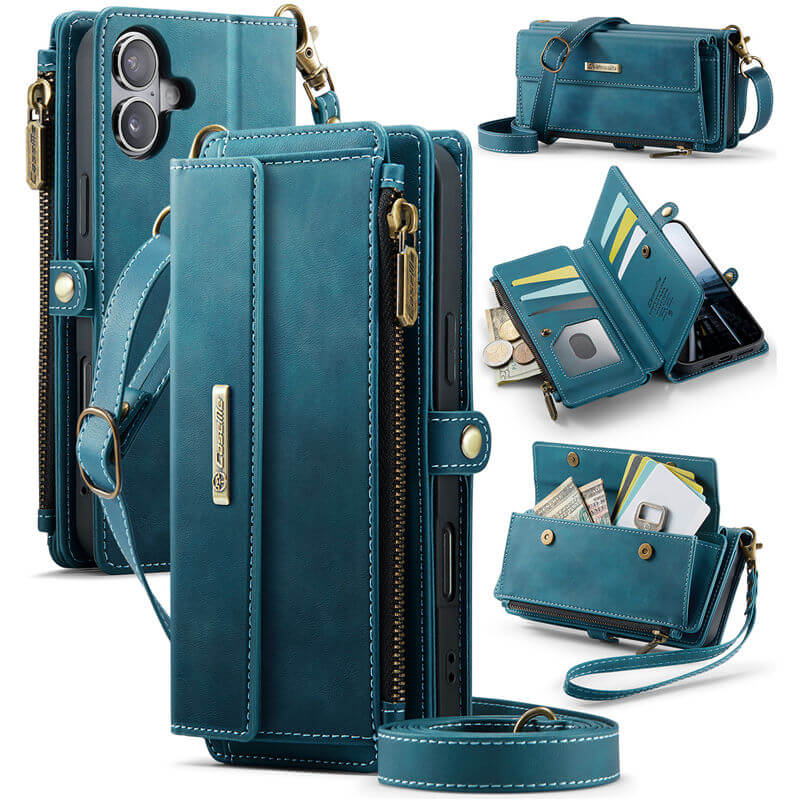 CaseMe iPhone 16 Wallet Case – RFID Blocking Crossbody Bag with 9 Card Slots & Wireless Charging Blue