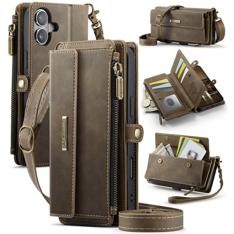 CaseMe iPhone 16 Wallet Case – RFID Blocking Crossbody Bag with 9 Card Slots & Wireless Charging Coffee