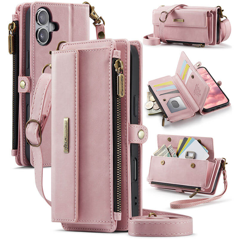 CaseMe iPhone 16 Wallet Case – RFID Blocking Crossbody Bag with 9 Card Slots & Wireless Charging Pink