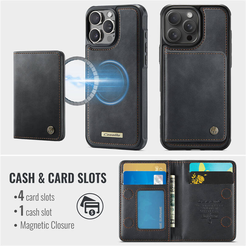 CaseMe iPhone 16 Pro Max 2-in-1 Magnetic Wallet Case with RFID Blocking
