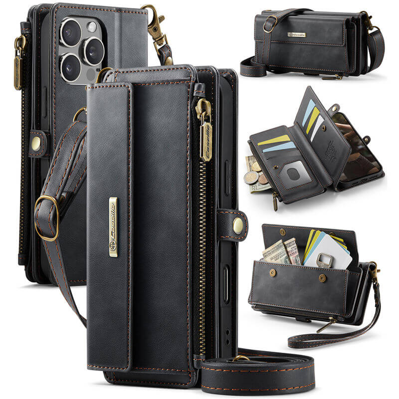 CaseMe Wallet Case – RFID Blocking Crossbody Bag with 9 Card Slots & Wireless Charging Black