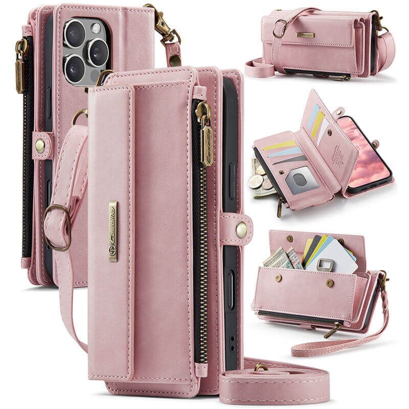 CaseMe Wallet Case – RFID Blocking Crossbody Bag with 9 Card Slots & Wireless Charging Pink