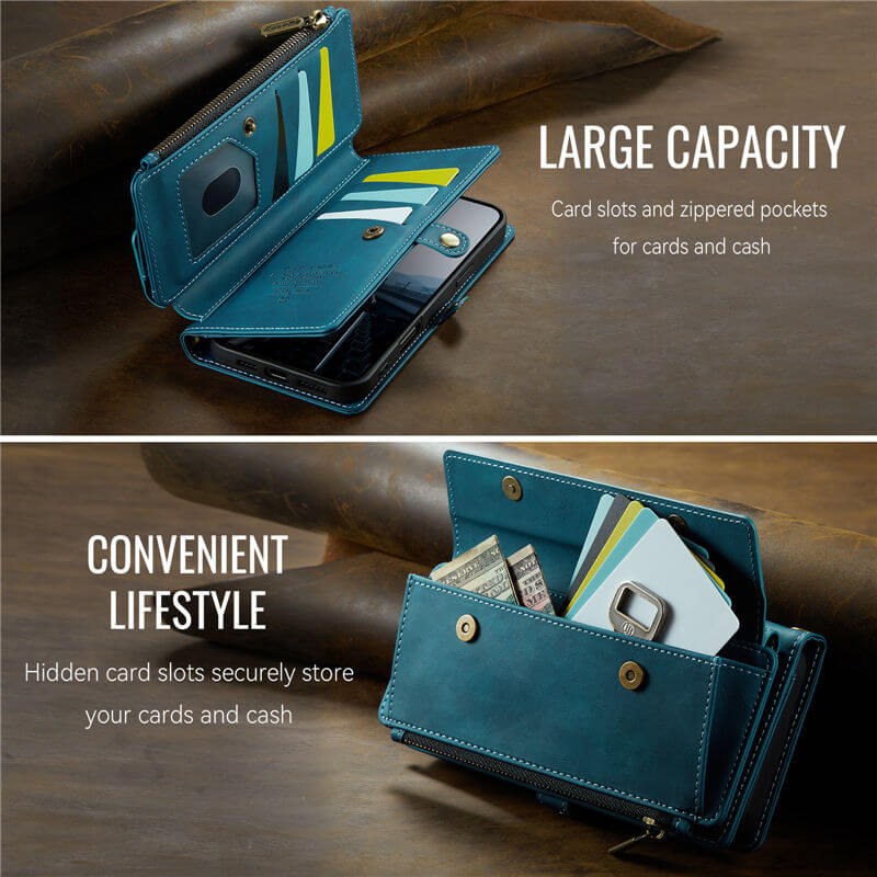 CaseMe iPhone 16 Pro Wallet Case – RFID Blocking, 9 Card Slots, Crossbody Strap & Wireless Charging