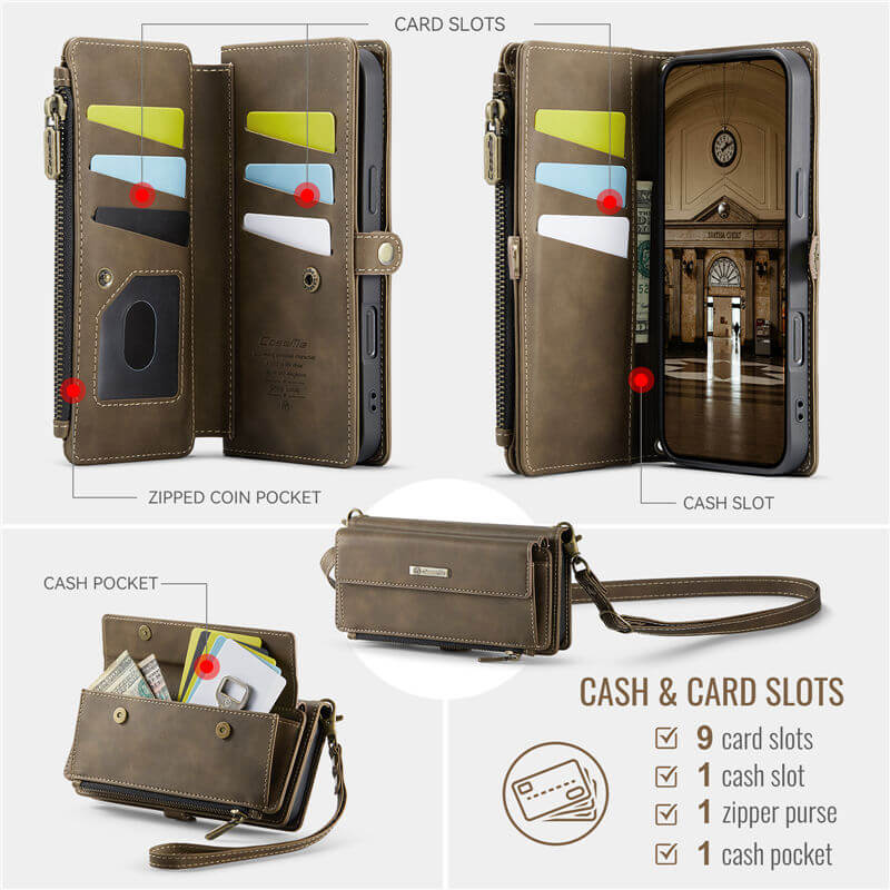 CaseMe Wallet Case – RFID Blocking, 9 Card Slots, Crossbody Strap & Wireless Charging