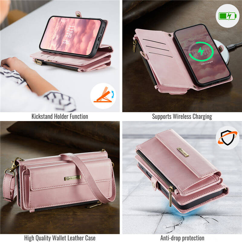 CaseMe iPhone 16 Pro Max Wallet Case – RFID Blocking, 9 Card Slots, Crossbody Strap & Wireless Charging