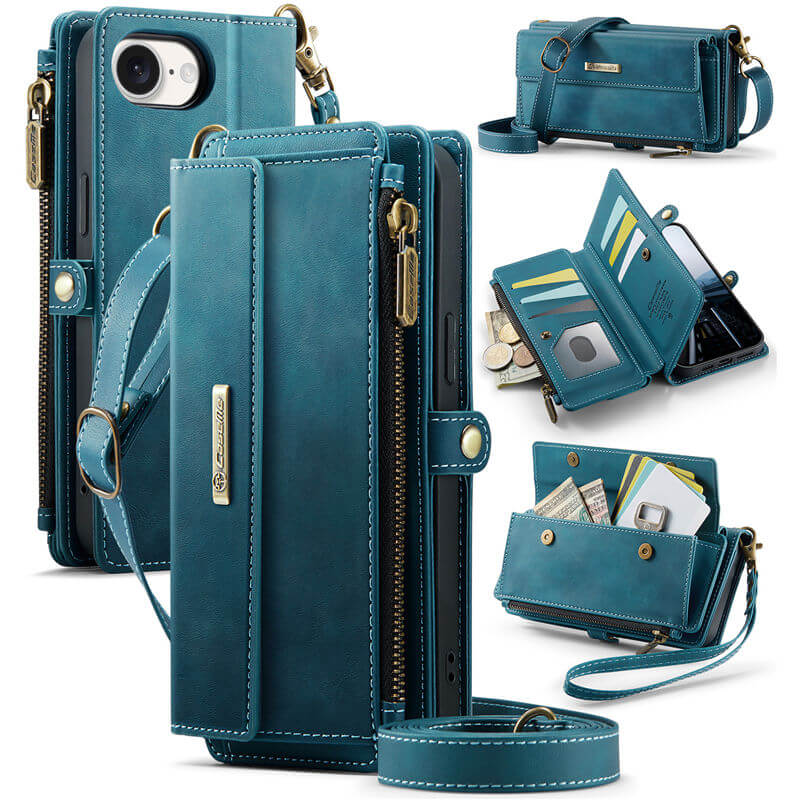 CaseMe iPhone 16e Wallet Case – RFID Blocking Crossbody Bag with 9 Card Slots & Wireless Charging Blue