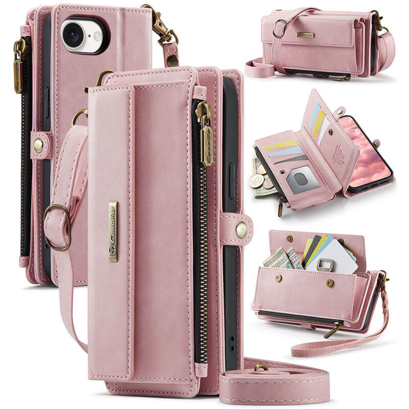 CaseMe iPhone 16e Wallet Case – RFID Blocking Crossbody Bag with 9 Card Slots & Wireless Charging Pink