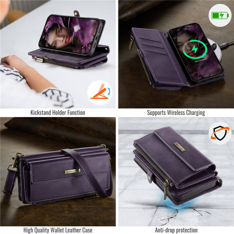 CaseMe iPhone 16e Wallet Case – RFID Blocking, 9 Card Slots, Crossbody Strap & Wireless Charging