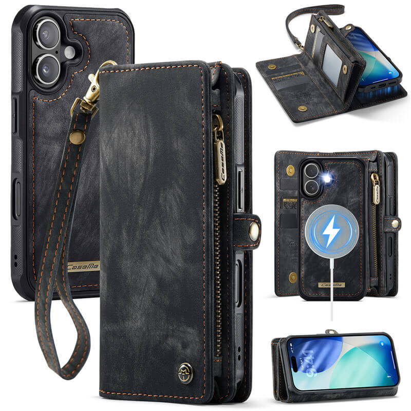 CaseMe iPhone 17 RFID Blocking Wallet Case with Wrist Strap Black