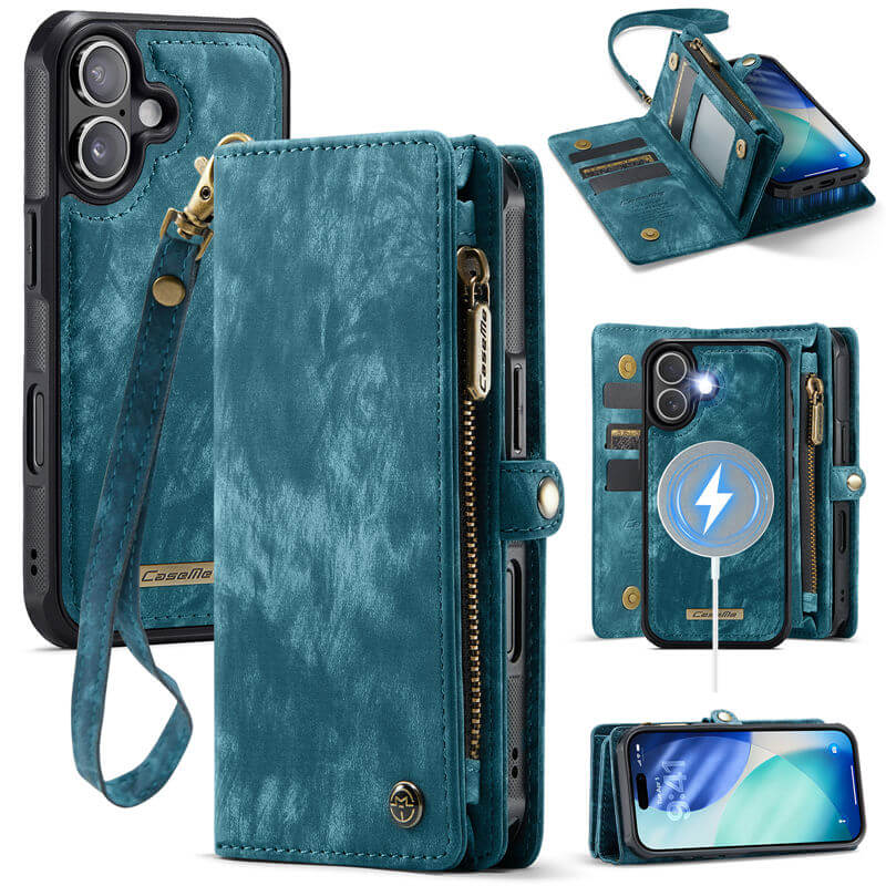 CaseMe iPhone 17 RFID Blocking Wallet Case with Wrist Strap Blue