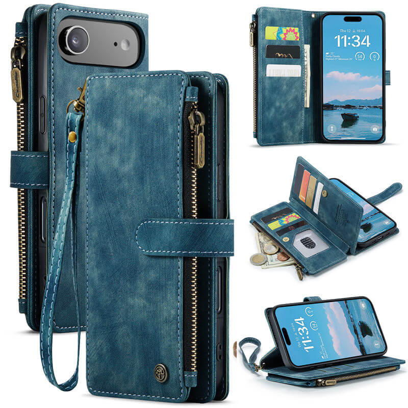 CaseMe iPhone Air Wallet Kickstand Case with Wrist Strap Blue