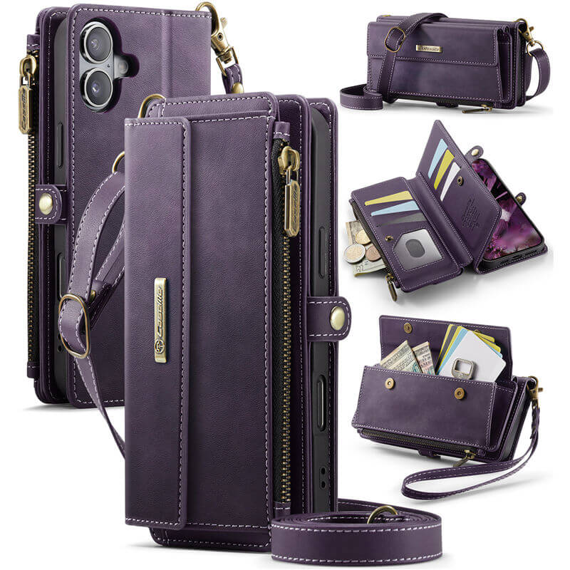 CaseMe iPhone 17 Wallet Case – RFID Blocking Crossbody Bag with 9 Card Slots & Wireless Charging Purple
