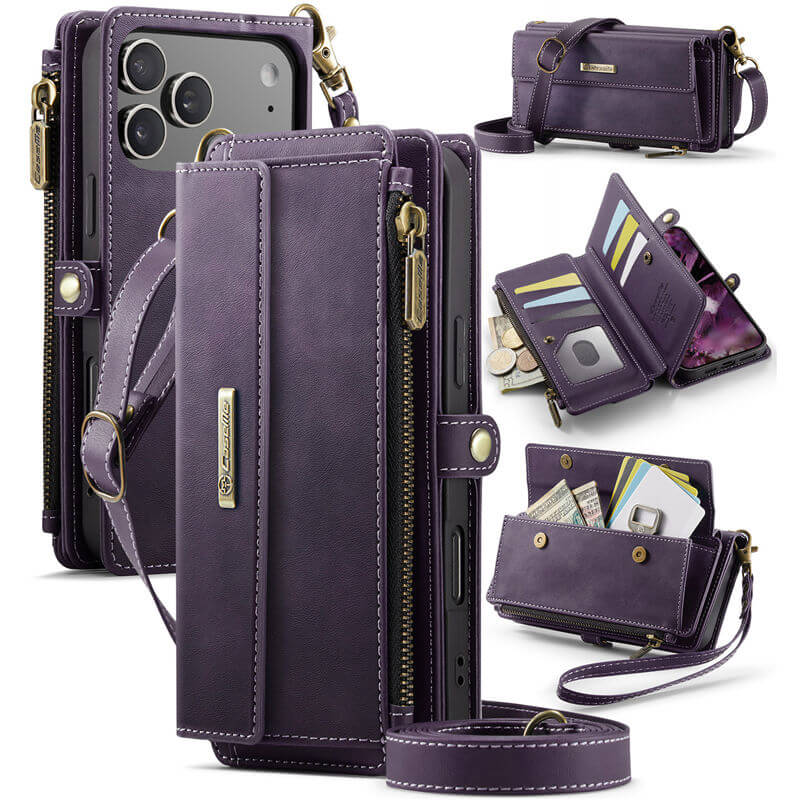 CaseMe iPhone 17 Pro Wallet Case – RFID Blocking Crossbody Bag with 9 Card Slots & Wireless Charging Purple