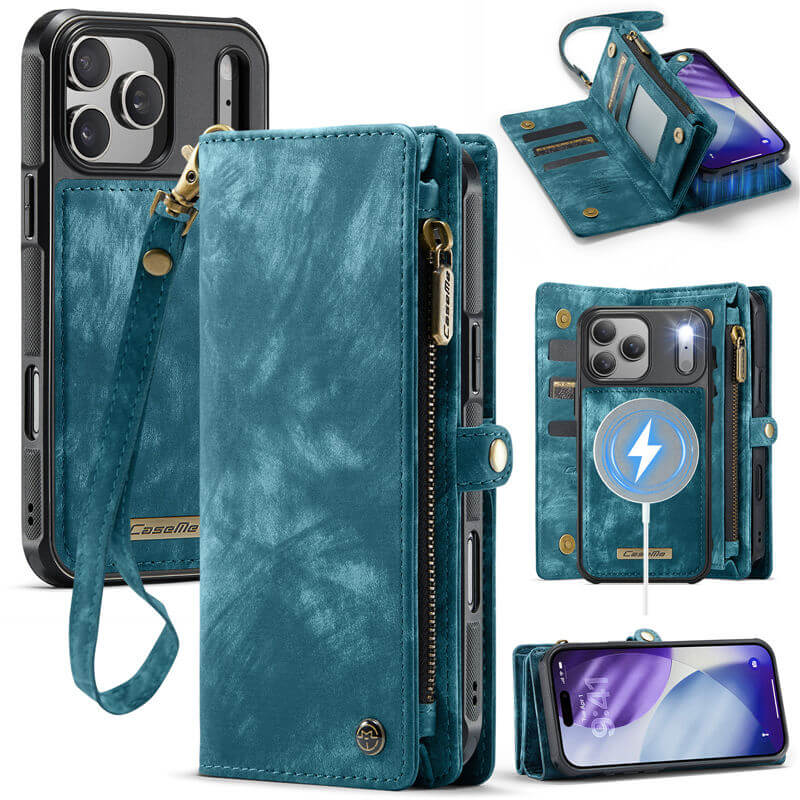 CaseMe iPhone 17 Pro Max RFID Blocking Wallet Case with Wrist Strap Blue