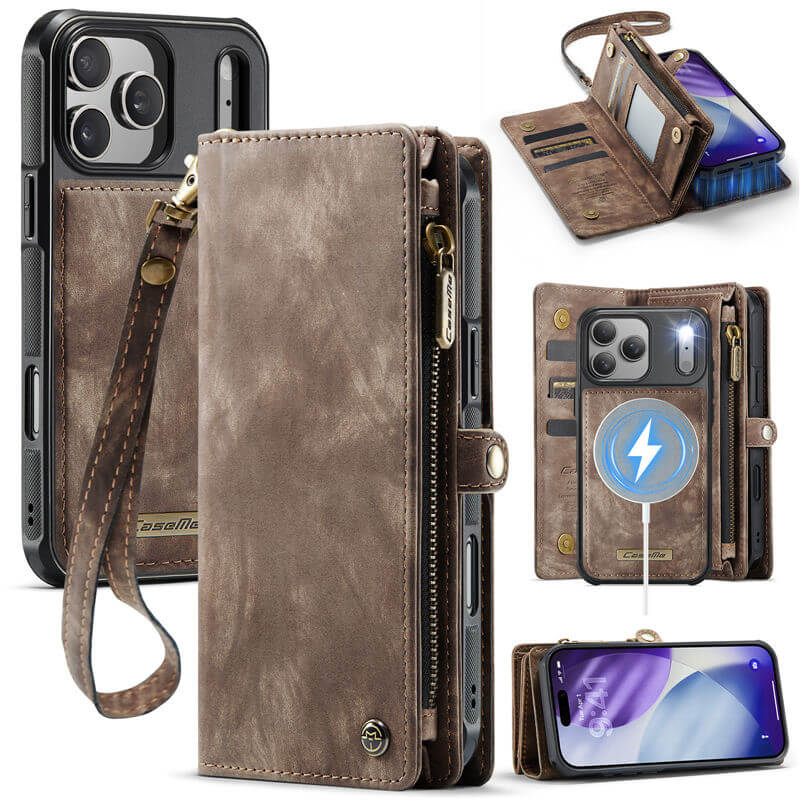 CaseMe iPhone 17 Pro Max RFID Blocking Wallet Case with Wrist Strap Coffee