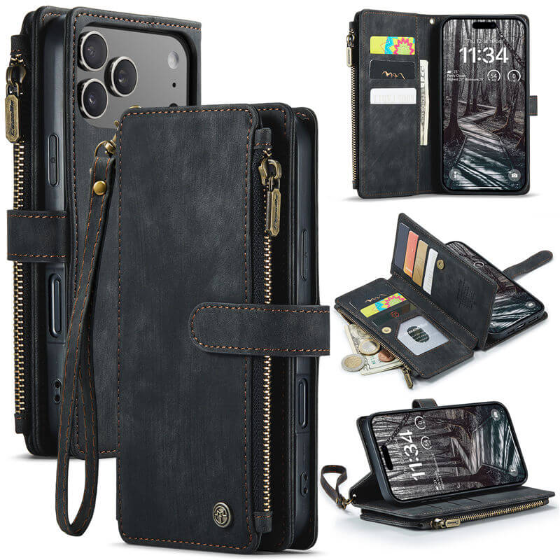 CaseMe iPhone 17 Pro Max Wallet Kickstand Case with Wrist Strap Black