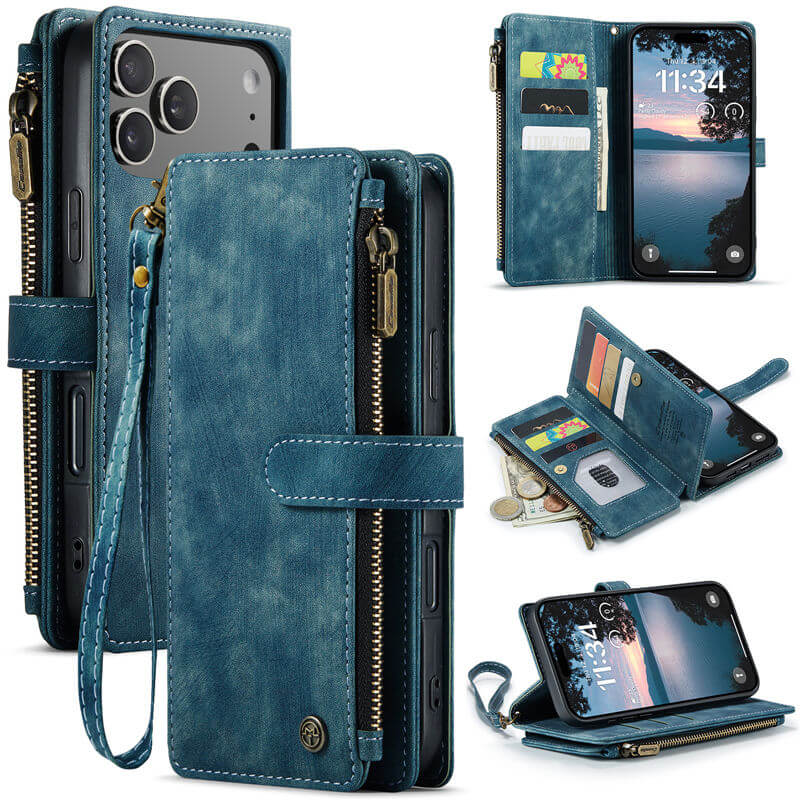 CaseMe iPhone 17 Pro Max Wallet Kickstand Case with Wrist Strap Blue