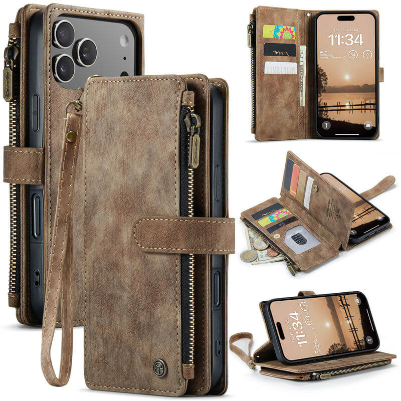 CaseMe iPhone 17 Pro Max Wallet Kickstand Case with Wrist Strap Coffee