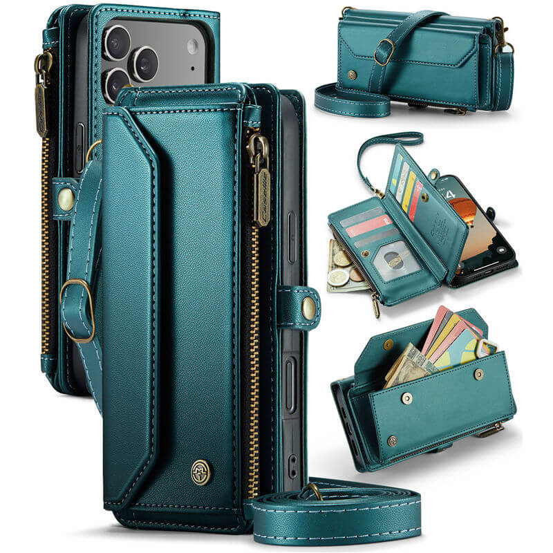 CaseMe iPhone 17 Pro Max RFID Wallet Crossbody Case with Wireless Charging Green