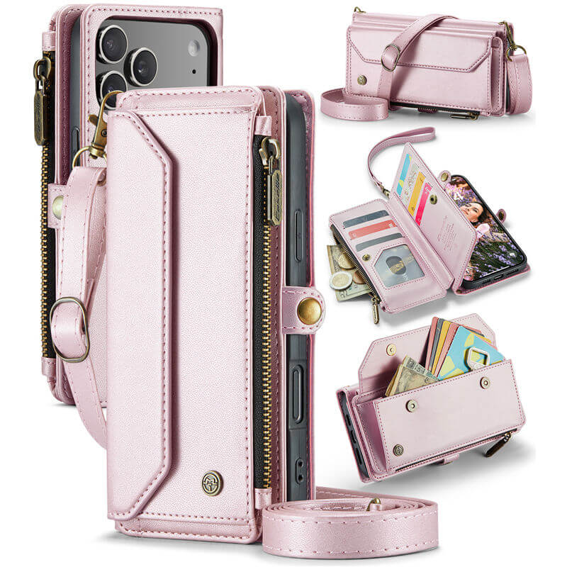 CaseMe iPhone 17 Pro Max RFID Wallet Crossbody Case with Wireless Charging Pink