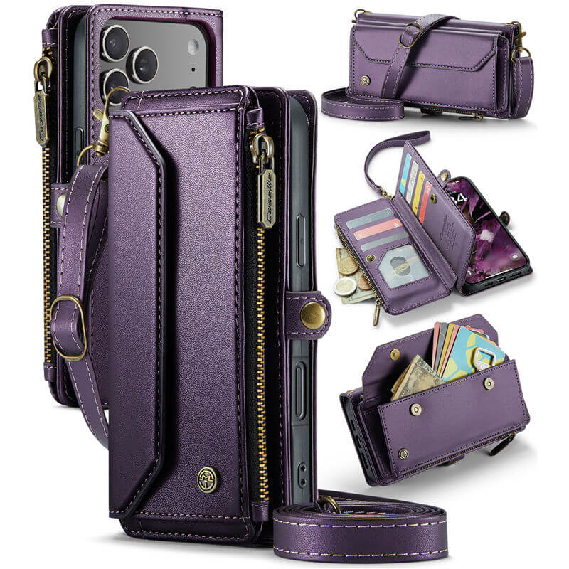 CaseMe iPhone 17 Pro Max RFID Wallet Crossbody Case with Wireless Charging Purple