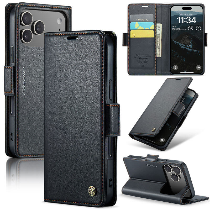 CaseMe iPhone 17 Pro Max Wallet RFID Blocking Magnetic Buckle Case Black