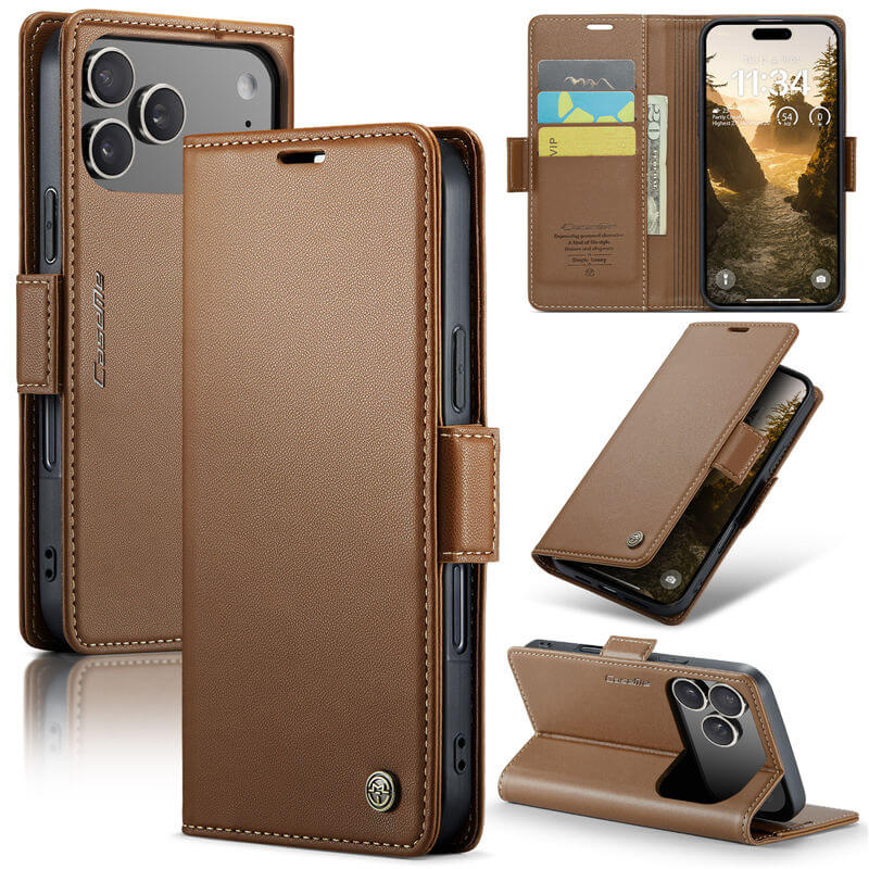 CaseMe iPhone 17 Pro Max Wallet RFID Blocking Magnetic Buckle Case Brown