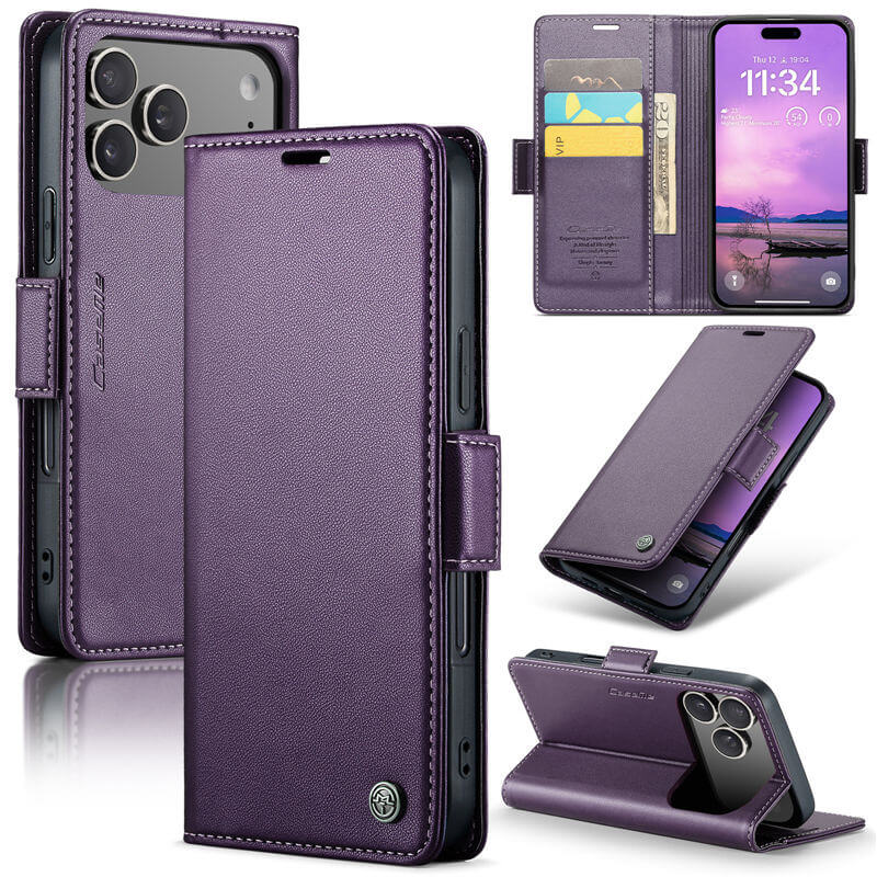 CaseMe iPhone 17 Pro Max Wallet RFID Blocking Magnetic Buckle Case Purple
