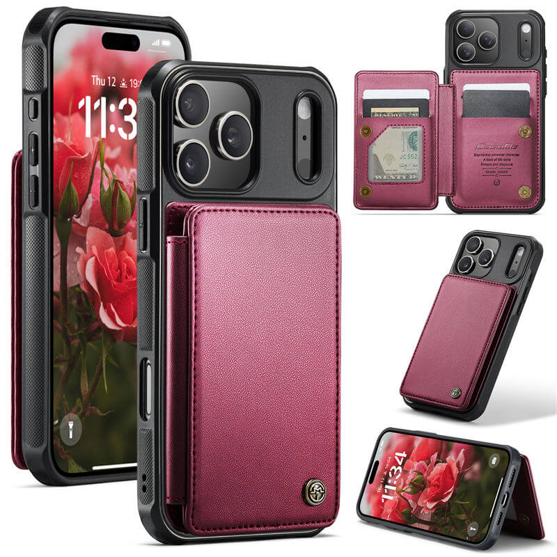 CaseMe iPhone 17 Pro Max RFID Blocking Card Holder Case with Kickstand Red