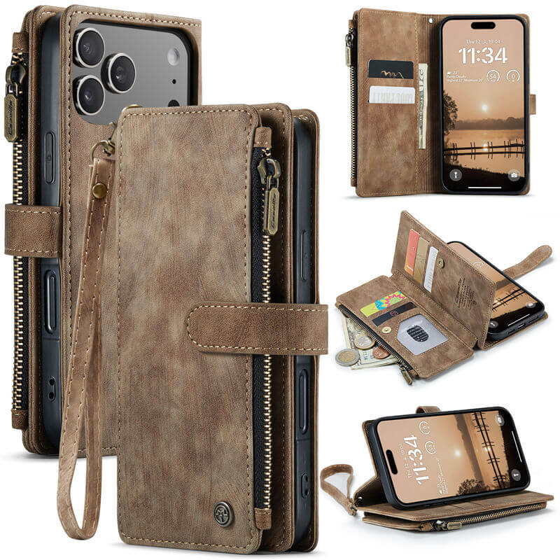 CaseMe iPhone 17 Pro Wallet Kickstand Case with Wrist Strap Coffee