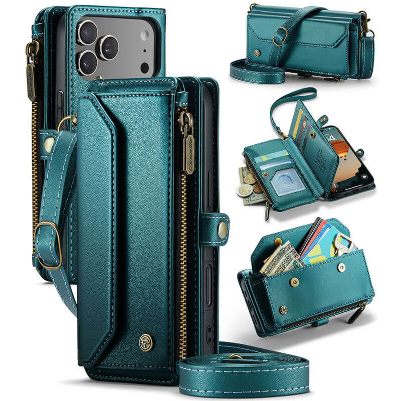 CaseMe iPhone 17 Pro RFID Wallet Crossbody Case with Wireless Charging Green