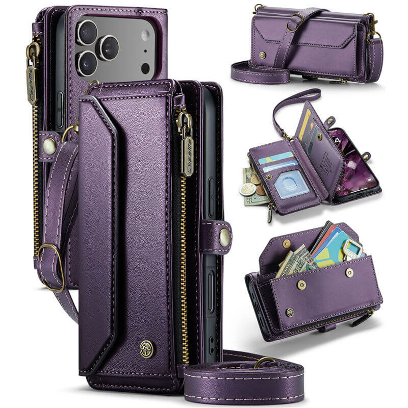CaseMe iPhone 17 Pro RFID Wallet Crossbody Case with Wireless Charging Purple
