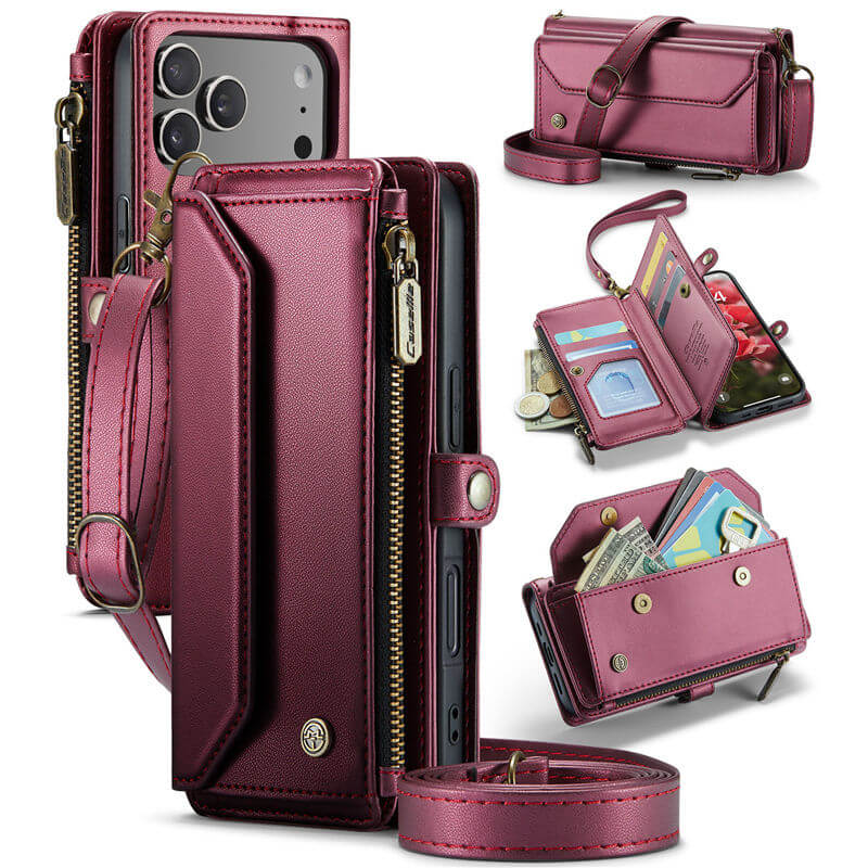 CaseMe iPhone 17 Pro RFID Wallet Crossbody Case with Wireless Charging Red