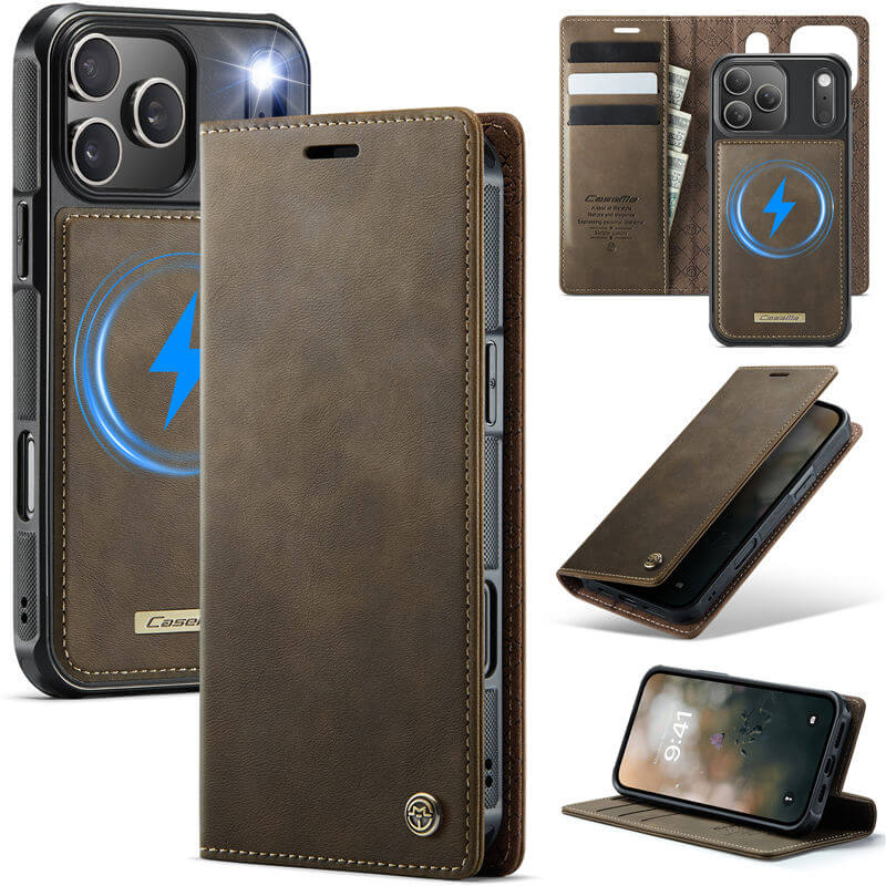 CaseMe iPhone 17 Pro Max 2-in-1 Magnetic Wallet Case – Wireless Charging & RFID Blocking Coffee