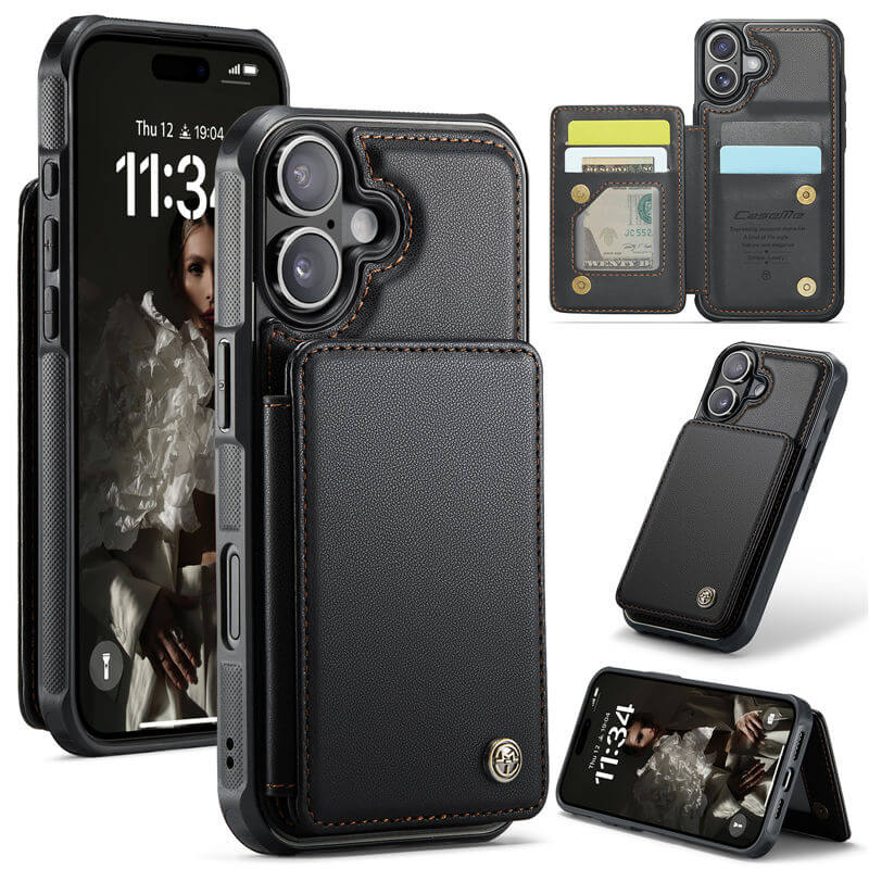 CaseMe iPhone 17 RFID Blocking Card Holder Case with Kickstand Black