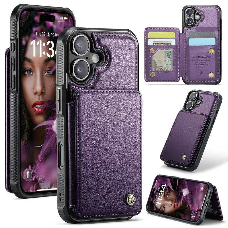 CaseMe iPhone 17 RFID Blocking Card Holder Case with Kickstand Purple