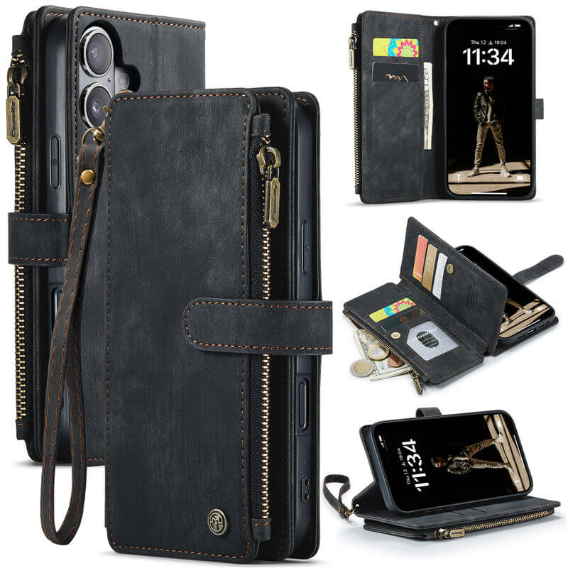CaseMe iPhone 17 Wallet Kickstand Case with Wrist Strap Black
