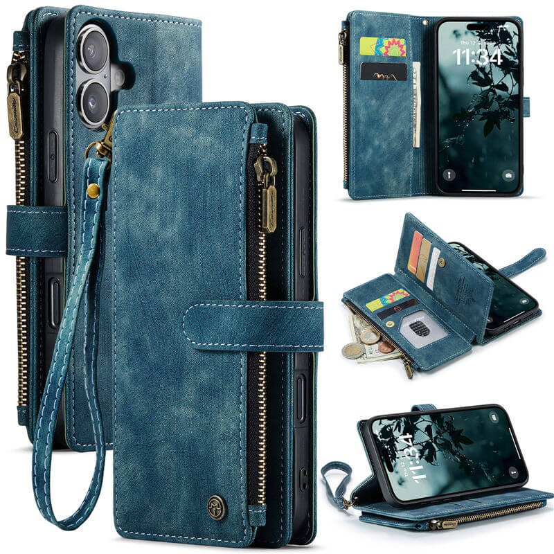 CaseMe iPhone 17 Wallet Kickstand Case with Wrist Strap Blue