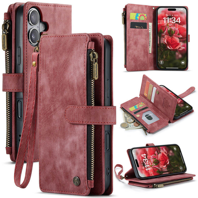 CaseMe iPhone 17 Wallet Kickstand Case with Wrist Strap Red